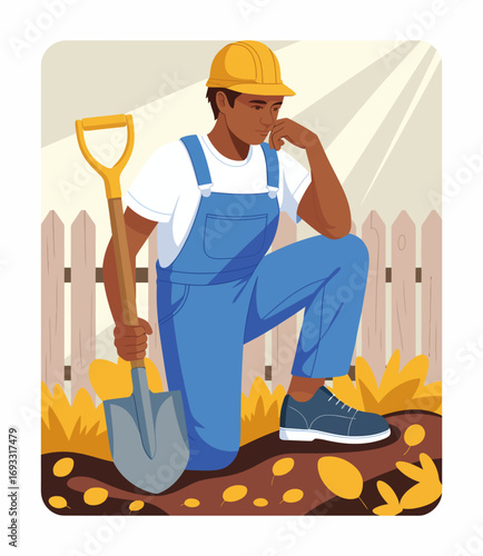 A pensive worker kneels in a garden, holding a shovel, representing hard work, contemplation, and the connection between humans and nature in a sunny outdoor setting.