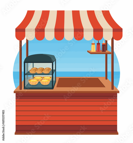 A brightly decorated dessert stall, featuring an array of baked goods under a vivid striped canopy, inviting customers to experience sweet treats and delightful flavors.