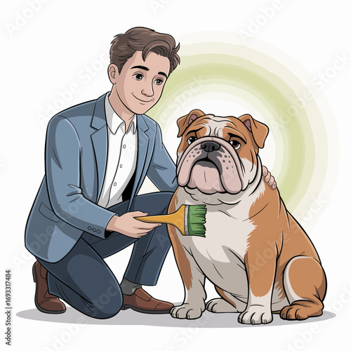 A young man kneels beside a bulldog, gently brushing its fur, highlighting the bond between pets and their owners while showcasing the dog's endearing personality.
