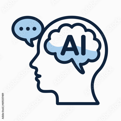 A creative representation of a human head featuring a cloud labeled AI, reflecting the internal dialogue and the influence of artificial intelligence on thoughts.