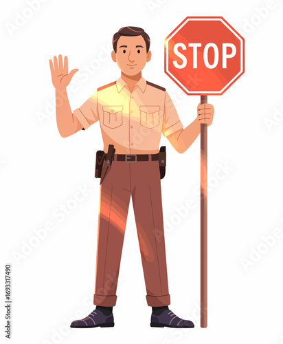 An animated traffic officer waves while holding a stop sign, representing the importance of traffic rules and the role of officers in ensuring public safety.