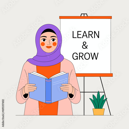 A woman wearing a hijab holds a book in front of a whiteboard that says 'LEARN & GROW', representing education and personal development in a learning environment.
