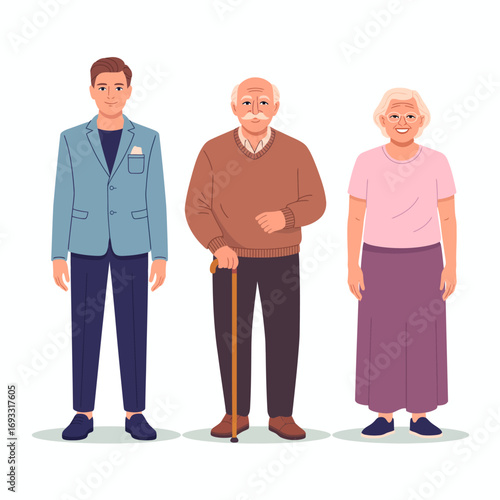 A vivid illustration of a young man standing proudly beside an elderly couple, showcasing love and unity that transcends generations within a family environment.