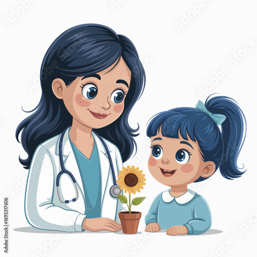 A warm and engaging interaction between a doctor and a young girl, showcasing compassion, curiosity, and the importance of nurturing relationships in healthcare settings.