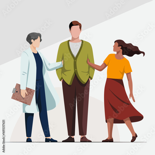 This image showcases a healthcare professional interacting with a man and a woman, illustrating the importance of support and communication in medical settings.