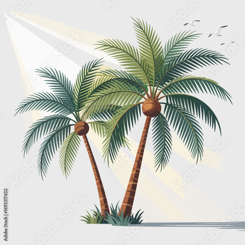 Two lush, green palm trees basking in sunlight represent tropical beauty and serenity, perfect for illustrating vacation vibes and a relaxed lifestyle amidst nature's charm.