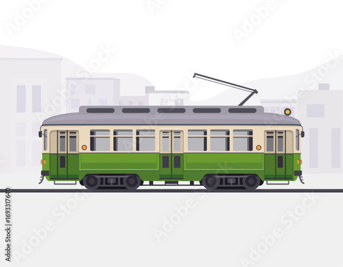 A classic green tram is depicted moving along a city street, showcasing vintage transportation with historical charm amidst a minimalist urban backdrop.