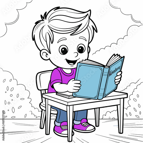 A smiling boy reading an adventure book while sitting outdoors on a chair, conveying joy, enthusiasm, and a love for stories in a bright and lively scene.