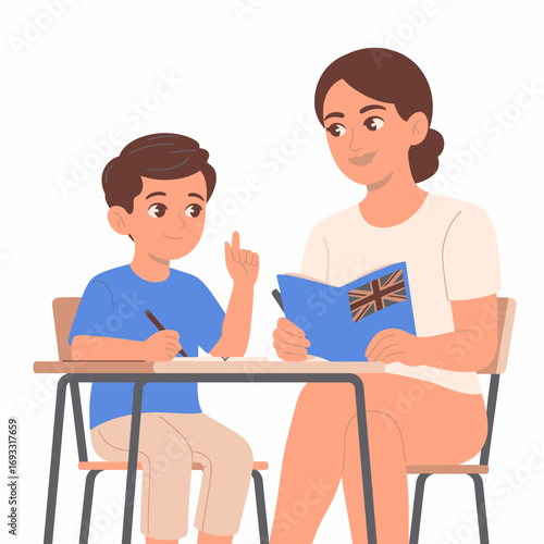 A mother sits at a table with her son, who is animatedly participating in a learning activity while she reads a book, highlighting the bond between parent and child in education.
