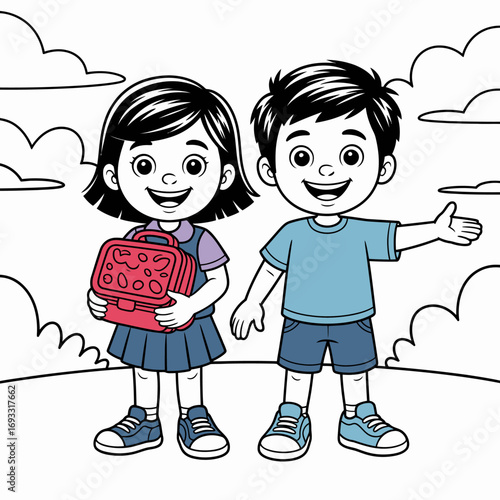 A cheerful representation of two young children, a girl and a boy, joyfully posing together outdoors, showcasing friendship and childhood innocence with their backpacks.