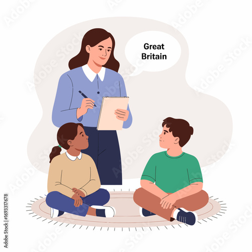 A teacher is engaging two students by asking about Great Britain, promoting active participation and awareness of historical and cultural references in their education.