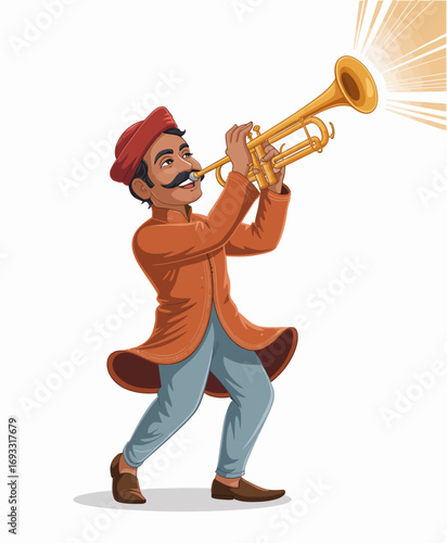 A joyful musician in traditional attire performs passionately with a trumpet, capturing the essence of Indian music and cultural celebration with vibrant energy and charm.
