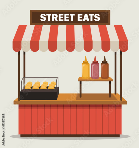 This street food stall with its vivid striped canopy presents an assortment of delicious offerings, capturing the essence of outdoor dining and vibrant culinary experiences.