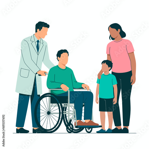 An impactful family scene in a healthcare environment, featuring a boy in a wheelchair receiving love and support from his family and caregiver, showcasing resilience and empathy in care.