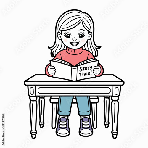 This cheerful girl is fully engaged in reading a book at her desk, with a smile that radiates joy, encapsulating the essence of adventure and discovery in storytelling.