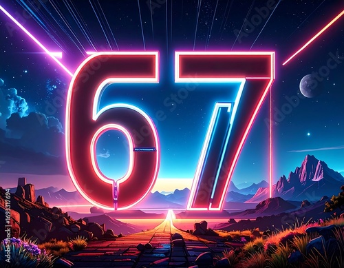 Futuristic landscape with glowing numbers 67