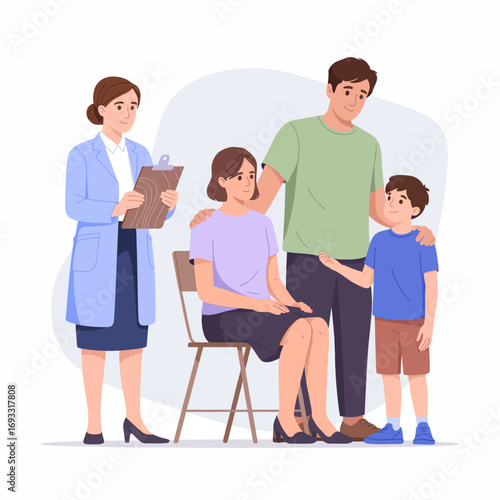 In a medical setting, a family speaks with a doctor, showcasing the importance of shared decision-making and emotional support during healthcare discussions.