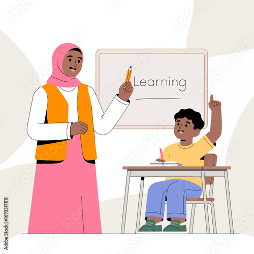 This vibrant image shows a teacher facilitating a lesson with a child in a classroom, showcasing the interactive learning process and the importance of engagement in education.