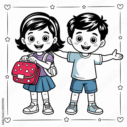 A delightful scene of two kids, a boy and a girl, happily showing their backpacks, emphasizing the lively spirit of childhood and the bond between friends in a playful manner.