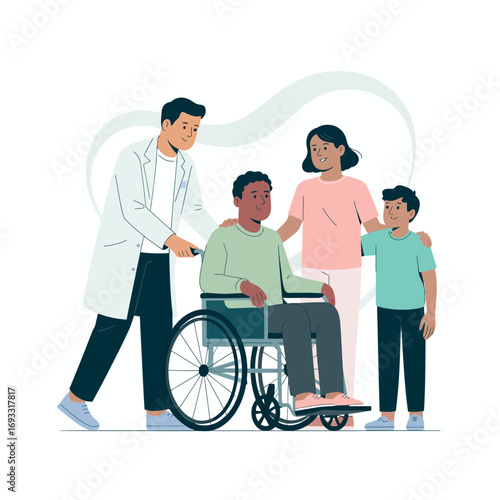 A heartfelt display of family love in a hospital setting, as they support a young boy in a wheelchair, illustrating the bonds of compassion, care, and emotional connection in health.