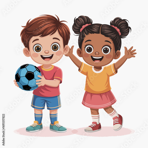 This lively image portrays two excited kids enjoying soccer, showcasing teamwork, friendship, and the sheer joy of play in a bright, colorful environment.