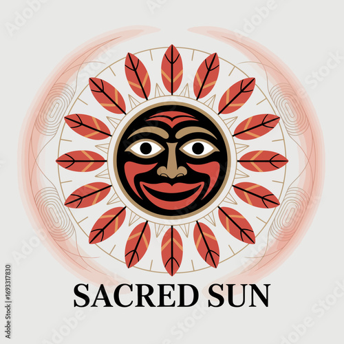 An intricate design of the Sacred Sun, featuring an emblem with detailed feathers, showcasing a blend of aesthetic beauty and cultural significance through its artwork.