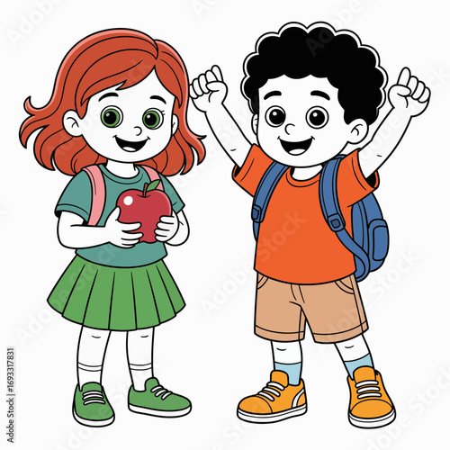 Two excited kids celebrate outdoors with a shiny apple in the girl's hand, embracing the joy of childhood, adventure, and education under a colorful sky filled with stars.