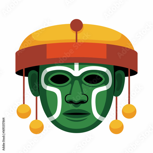 An elegant green decorated mask featuring traditional elements and a colorful headpiece, emphasizing cultural significance and artistic expression in performances.