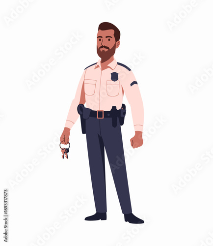 A confident police officer stands firmly holding a set of keys, symbolizing authority and protection, showcasing a traditional law enforcement figure in a professional setting.