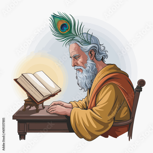 A solemn figure with a peacock feather prominently placed reflects deeply while studying a book, representing the quest for knowledge and the allure of wisdom through art.