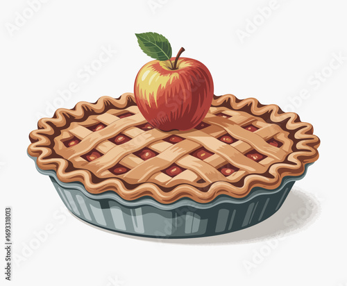 This visually appealing image showcases a classic apple pie served in a round dish, complete with a shiny red apple atop the pie, symbolizing tradition and warmth.