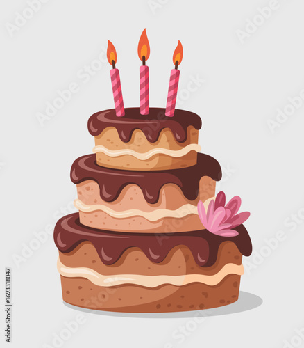 This attractive chocolate birthday cake with beautiful floral embellishments and lit candles captures the essence of celebration and sweet moments in life.