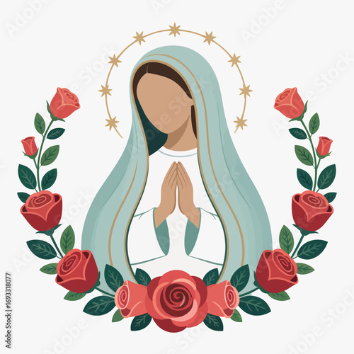 An elegant figure praying, adorned with a serene expression and surrounded by lush roses, symbolizes devotion and tranquility, embodying a spiritual ambiance.