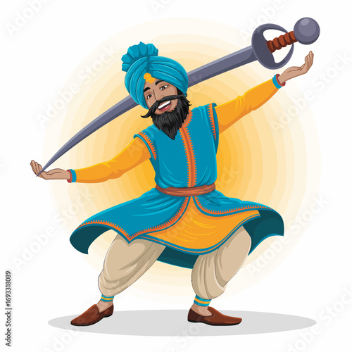 An animated Punjabi warrior in vibrant attire dances joyfully with a sword, showcasing cultural heritage and celebration through vivid colors and artful expression.