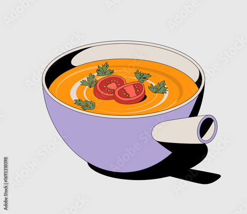 An elegantly styled bowl of tomato soup featuring tomato slices and herbs, merging modern aesthetics with culinary creativity for appealing food visuals.