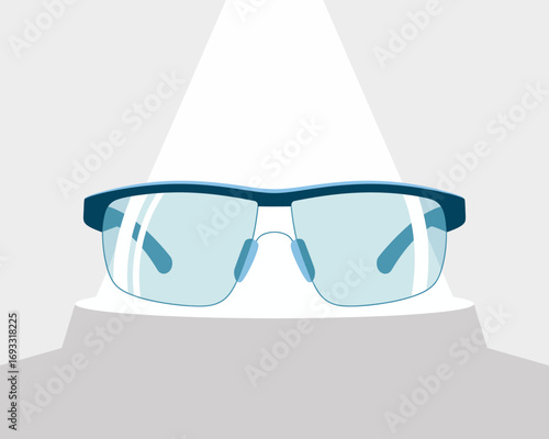This image showcases an elegant pair of sunglasses illuminated by a spotlight, emphasizing their unique design, making them look both luxurious and fashionable under bright lights.