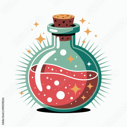 An elegantly designed glass flask showcases a mystical green potion with a vibrant red liquid, highlighting the enchanting allure of potion-making in fantasy.