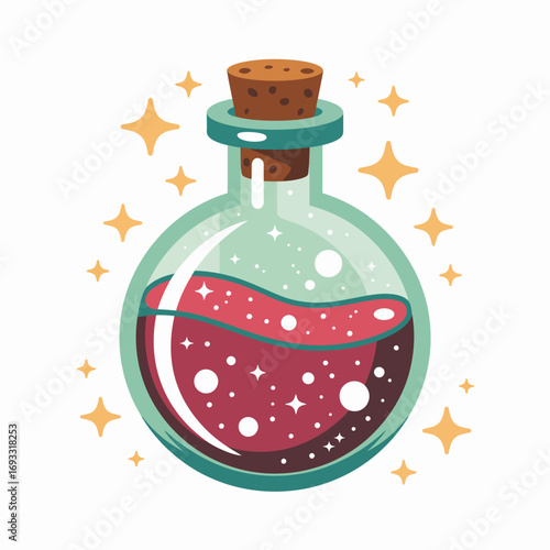 This charming potion bottle combines a vibrant red liquid with shimmering bubbles, enclosed in a glass texture, ideal for depicting magic and fantasy themes in art.