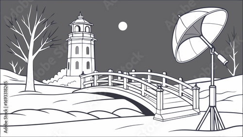 Winter Scene with Bridge Tower and Lighting Equipment Illustration.