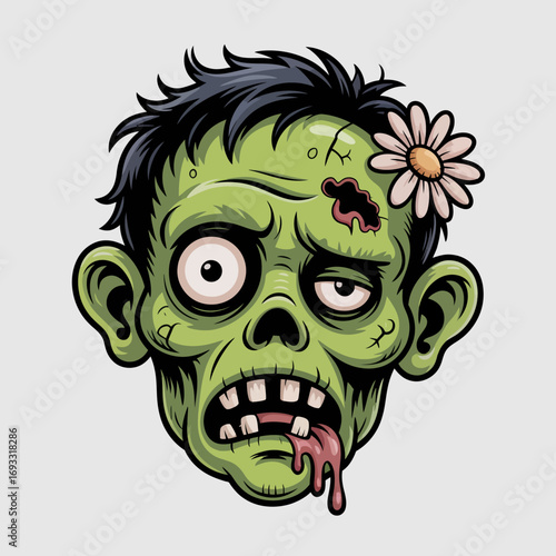 This artistic illustration showcases a cartoonish zombie face adorned with a daisy, featuring an exaggerated expression, gory details, and vibrant colors that provide a playful contrast.