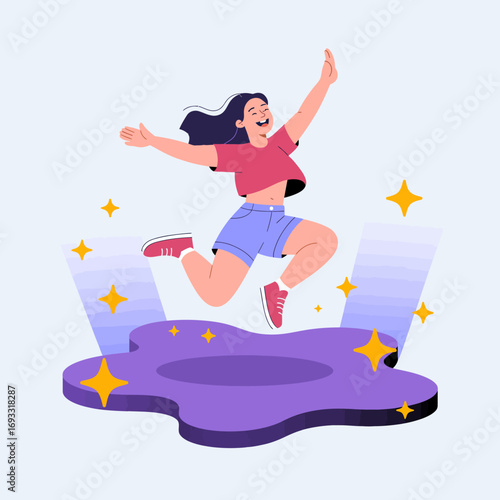The illustration captures a playful girl leaping into the air, surrounded by shiny sparkles, symbolizing the joy of life, spontaneity, and youthful exuberance throughout the design.