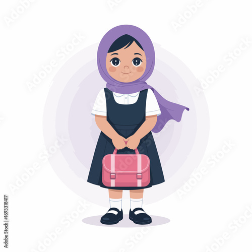 This charming illustration features a young girl in a school uniform, wearing a hijab and holding a pink backpack, symbolizing education and innocence.