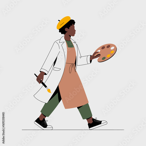 A creative woman artist is seen walking with a palette and a brush, expressing her artistic talents and love for color in this stylish and engaging illustration.
