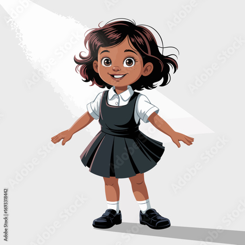 A joyful young girl in a school uniform beams with happiness, inviting viewers to appreciate the joy of childhood learning in a vibrant, engaging educational atmosphere.