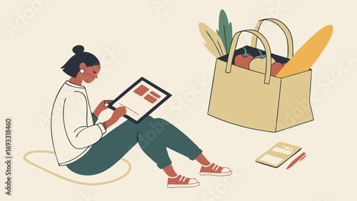 Woman using tablet to plan grocery shopping healthy food grocery bag vegetables bread.