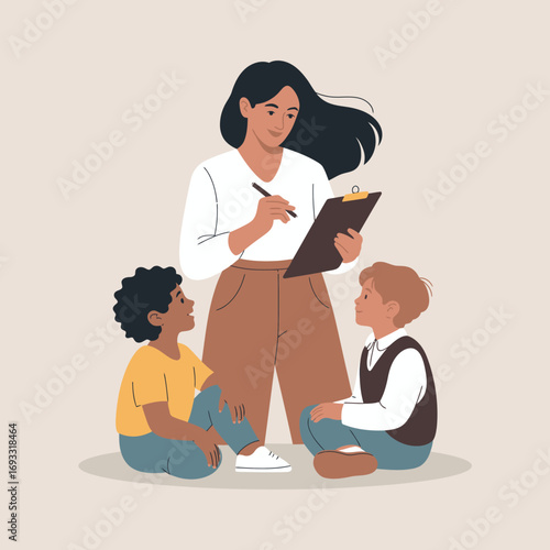 A teacher interacts with two young students, fostering a supportive learning environment, while taking notes and encouraging their participation in educational activities.