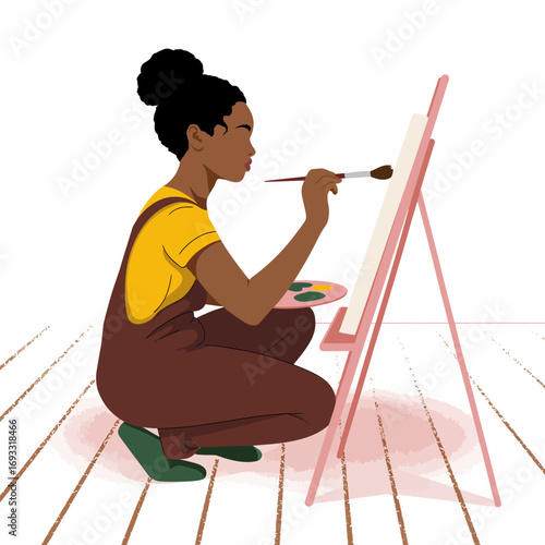 A young artist is meticulously applying paint, demonstrating her patience and skill while capturing serene artwork on canvas, embodying the spirit of creativity and peace.