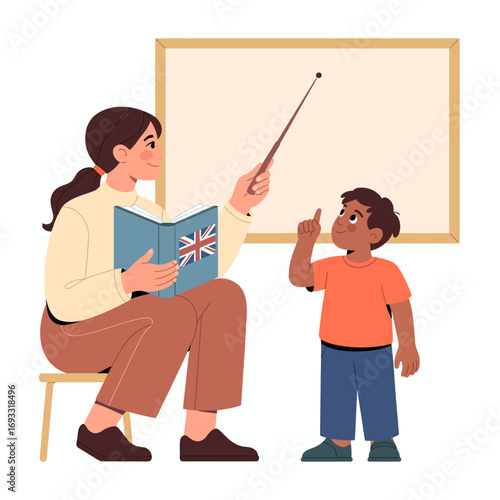 A teacher engages a young student with a book and pointer, fostering an interactive learning environment, emphasizing the importance of education and discussion between them.