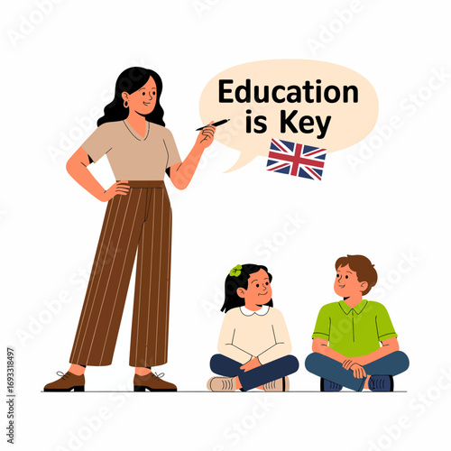 A teacher engages with two students by emphasizing that 'Education is Key', showcasing the importance of foundational knowledge and encouraging curiosity in a supportive environment.