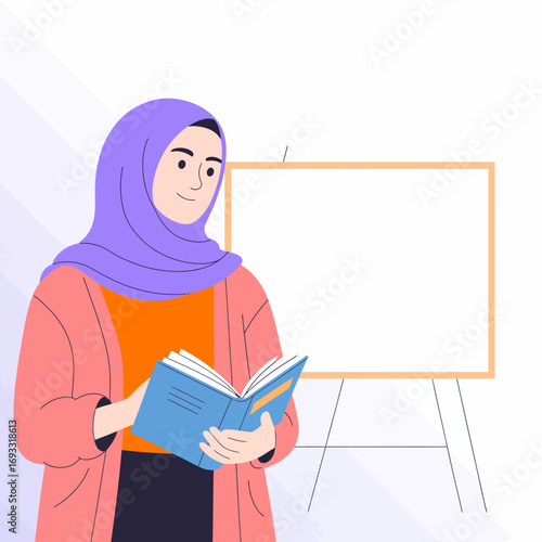 A woman in a hijab joyfully holds a book while standing beside a whiteboard, showcasing a bright atmosphere that promotes reading and knowledge sharing in education.